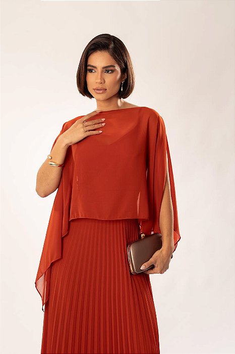 VESTIDO LONGO ALCINHA PARTE DE CIMA LISA SAIA PLISSADA COM CAPA REMOVÍVEL TERRACOTA