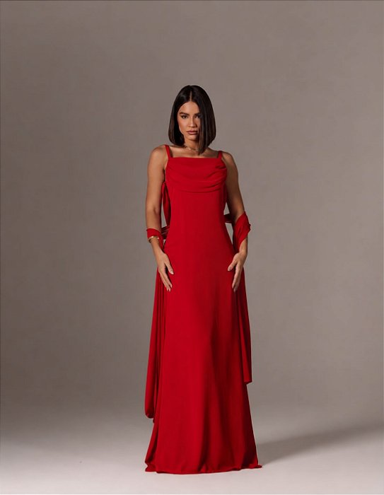 VESTIDO LONGO CREPE DE SEDA DE ALCINHA COM DETALHE DRAPEADO NO BUSTO VERMELHO