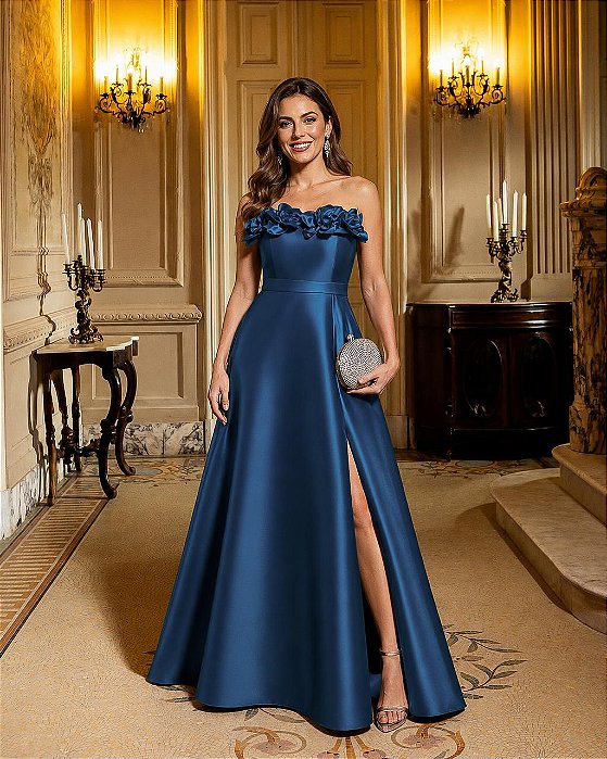 VESTIDO LONGO ZIBELINE GLOSS DETALHE FLOR  NO DECOTE ACINTURADO AZUL ATLANTICO