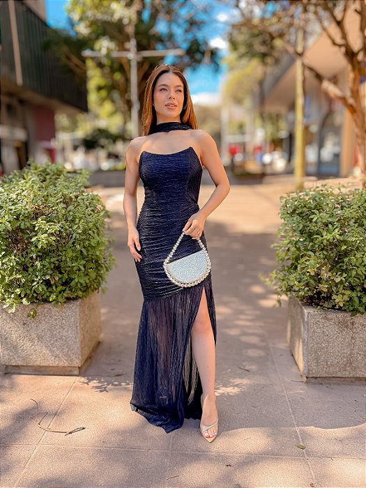VESTIDO LONGO LUREX TOMARA QUE CAIA DRAPEADO COMPRIMENTO AZUL MARINHO