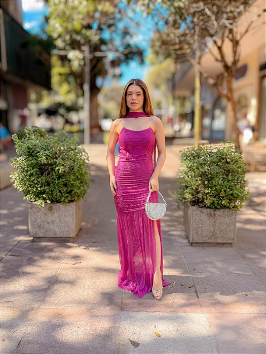 VESTIDO LONGO LUREX TOMARA QUE CAIA DRAPEADO COMPRIMENTO FUCSIA