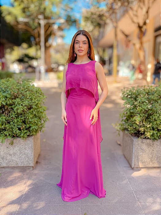 VESTIDO LONGO CHIFFON DECOTE CANOA CAPA ALÇA LARGA FUCSIA