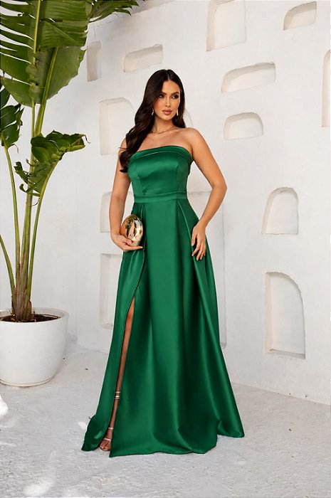 VESTIDO LONGO ZIBELINE TOMARA QUE CAIA FAIXA ACINTURADA E FENDA VERDE BANDEIRA