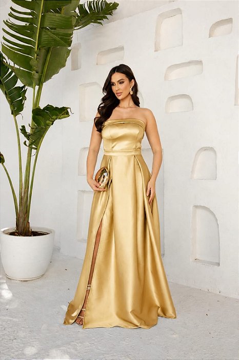 VESTIDO LONGO ZIBELINE TOMARA QUE CAIA FAIXA ACINTURADA E FENDA  DOURADO
