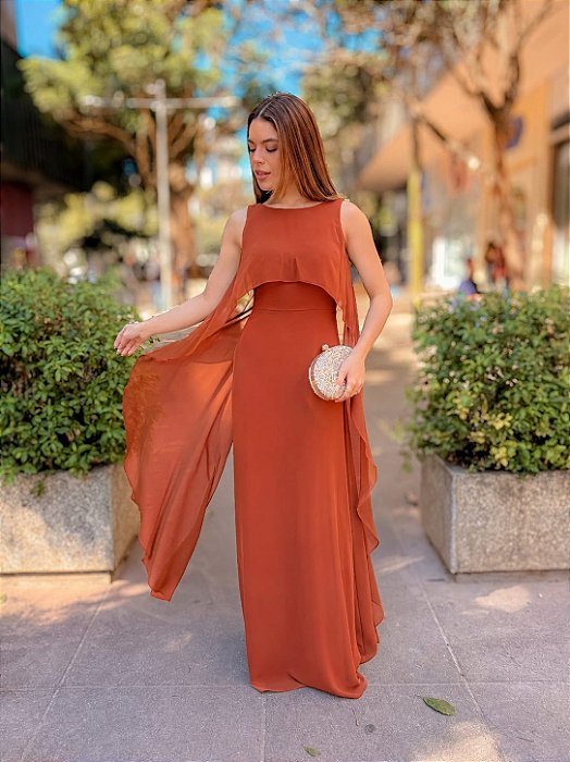 VESTIDO LONGO CHIFFON DECOTE CANOA CAPA ALÇA LARGA TERRACOTA
