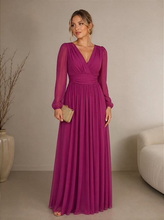 VESTIDO LONGO MICROTULE MANGA LONGA PALA BUSTO DECOTE V FUCSIA