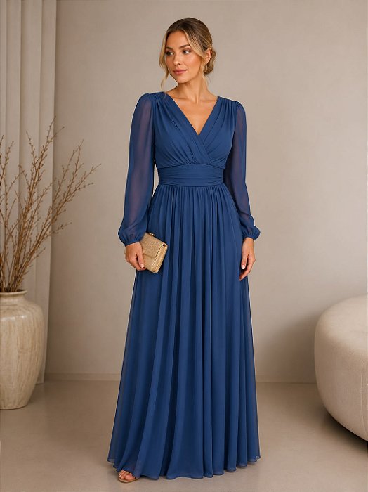 VESTIDO LONGO MICROTULE MANGA LONGA PALA BUSTO DECOTE V AZUL COBALTO