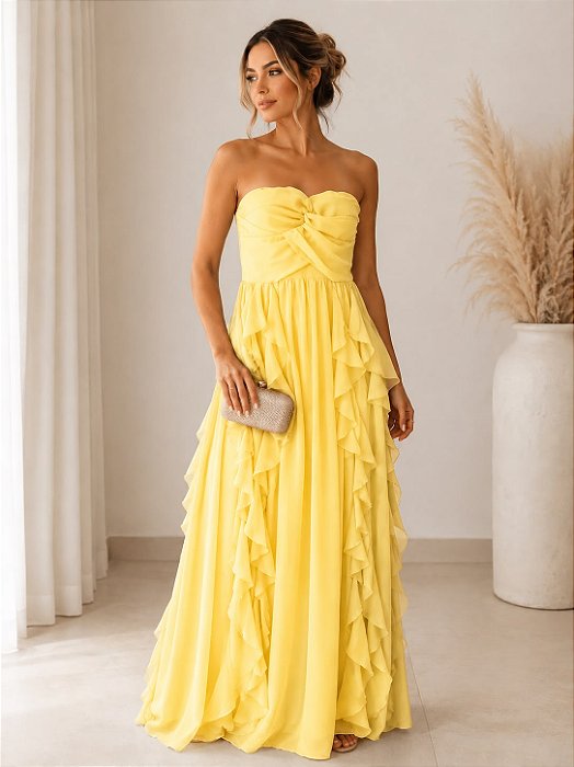 VESTIDO LONGO CHIFFON TOMARA QUE CAIA DRAPEADO CRUZADO BUSTO SAIA BABADOS VERTICAIS AMARELO