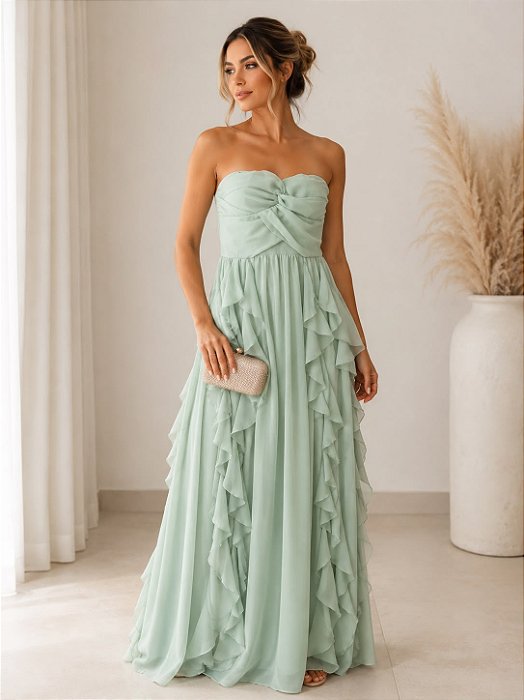 VESTIDO LONGO CHIFFON TOMARA QUE CAIA DRAPEADO CRUZADO BUSTO SAIA BABADOS VERTICAIS VERDE MENTA