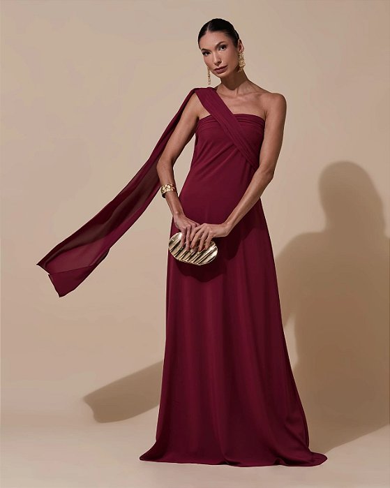 VESTIDO LONGO CREPE DE SEDA DECOTE RETO SEM ALÇA C/ FAIXA AMARRAÇÃO COSTAS MARSALA
