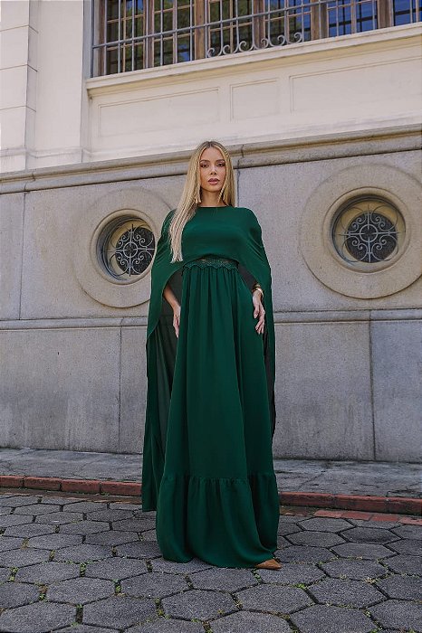 VESTIDO LONGO CREPE DE SEDA ALÇA FINA BUSTO C/ DETALHE EM RENDA C/ CAPA VERDE ESMERALDA