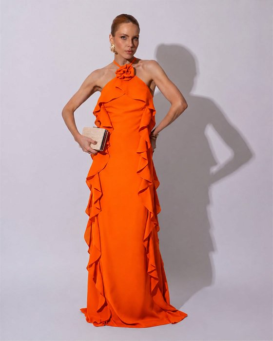 VESTIDO LONGO CREPE DE SEDA AMARRAÇÃO GOLA BUSTO E COMPRIMENTO C/ DETALHE BABADOS LARANJA