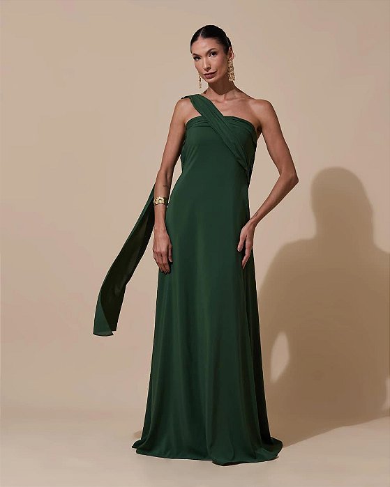 VESTIDO LONGO CREPE DE SEDA DECOTE RETO SEM ALÇA C/ FAIXA AMARRAÇÃO COSTAS VERDE OLIVA