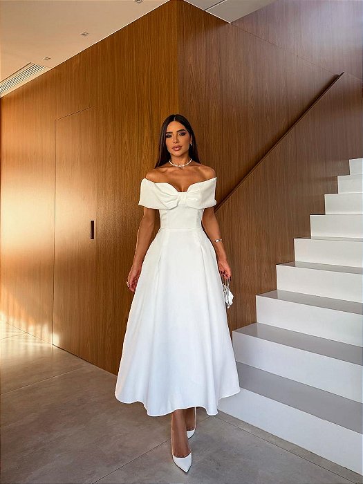 VESTIDO MIDI OMBRO A OMBRO DECOTE FORMATO LAÇO SAIA EVASÊ BRANCO