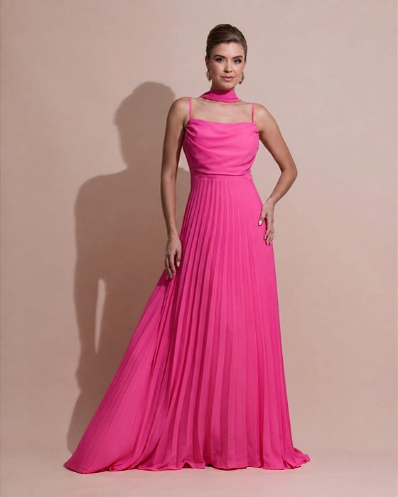 VESTIDO LONGO CREPE DE SEDA DECOTE CANOA SOBREPOSTO DRAPEADO COMPRIMENTO PLISSADO PINK