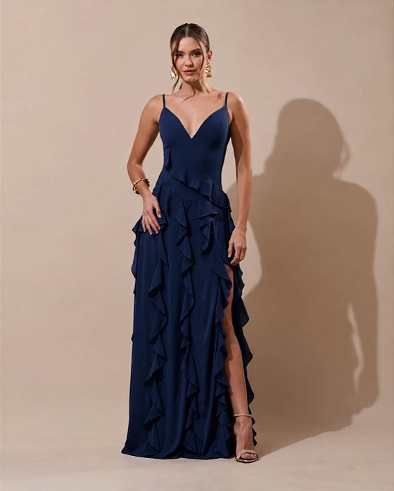 VESTIDO LONGO CREPE DE SEDA ALÇA FINA DECOTE V BUSTO E SAIA C/ BABADOS AZUL MARINHO
