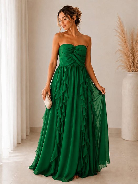 VESTIDO LONGO CHIFFON TOMARA QUE CAIA DRAPEADO CRUZADO BUSTO SAIA BABADOS VERTICAIS VERDE BANDEIRA
