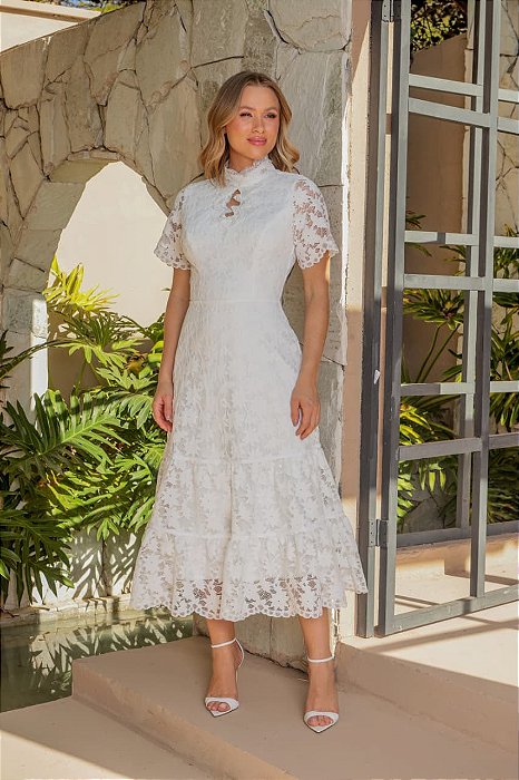 VESTIDO MIDI GOLA ALTA COMPRIMENTO EM RENDA BRANCO
