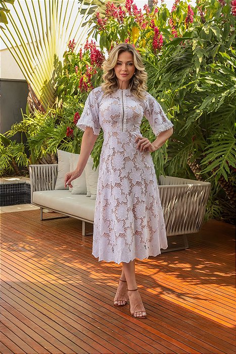 VESTIDO MIDI RENDA GUIPIR FLORAL DECOTE ARREDONDADO BRANCO