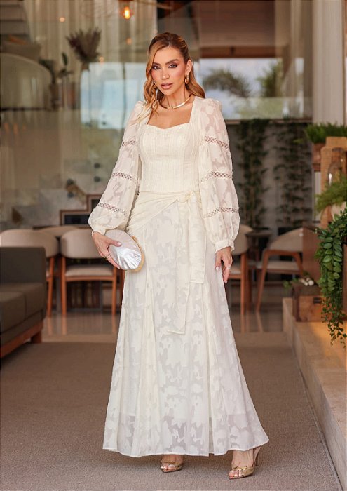 CONJUNTO LONGO TECIDO DEVORÊ C/ MANGAS BUFANTES E AMARRAÇÃO OFF-WHITE