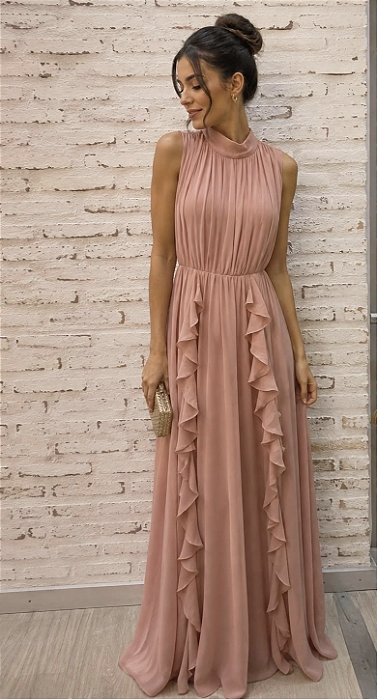 VESTIDO LONGO CREPE DE SEDA GOLA ALTA PLISSADA SAIA C/ BABADOS VERTICAIS ROSÊ
