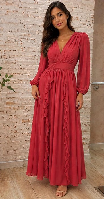 VESTIDO LONGO CREPE DE SEDA DECOTE V DRAPEADO MANGA LONGA PALA CINTURA SAIA BABADOS VERTICAIS TERRACOTA