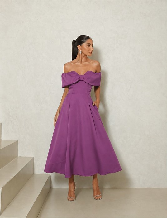 VESTIDO MIDI OMBRO A OMBRO DECOTE FORMATO LAÇO SAIA EVASÊ ROXO