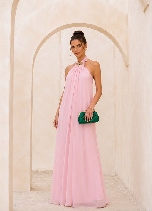 VESTIDO LONGO CHIFFON GOLA ALTA C/ AMARRAÇÃO FRENTE UNICA ROSA BEBE