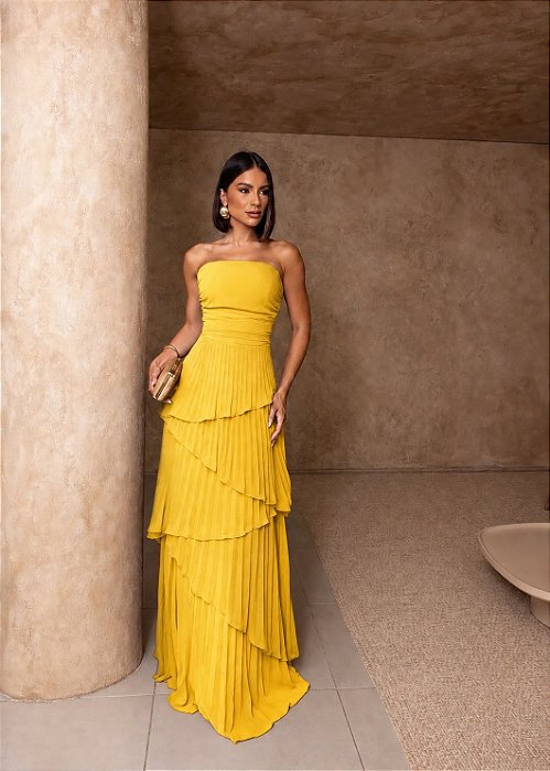 VESTIDO CHIFFON PLISSADO COM CAMADAS AMARELO