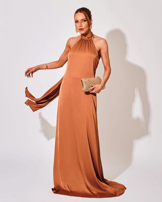 VESTIDO LONGO GOLA ALTA SEDA COM AMARRAÇÃO COSTA NUA MARROM