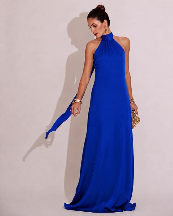 VESTIDO LONGO GOLA ALTA SEDA COM AMARRAÇÃO COSTA NUA AZUL ROYAL