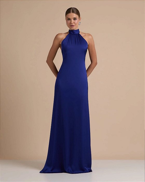VESTIDO LONGO GOLA ALTA SEDA COM AMARRAÇÃO COSTA NUA AZUL ROYAL