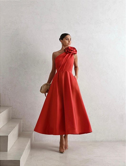 VESTIDO MIDI OMBRO SÓ C/ DETALHE EM FLOR SAIA EVASÊ VERMELHO