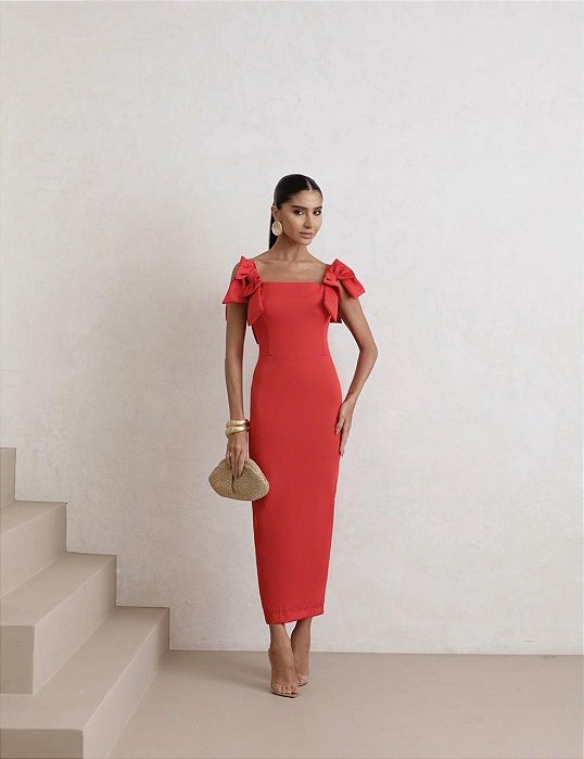 VESTIDO MIDI COLUMN DECOTE QUADRADO C/ DETALHE EM LAÇO ALÇA