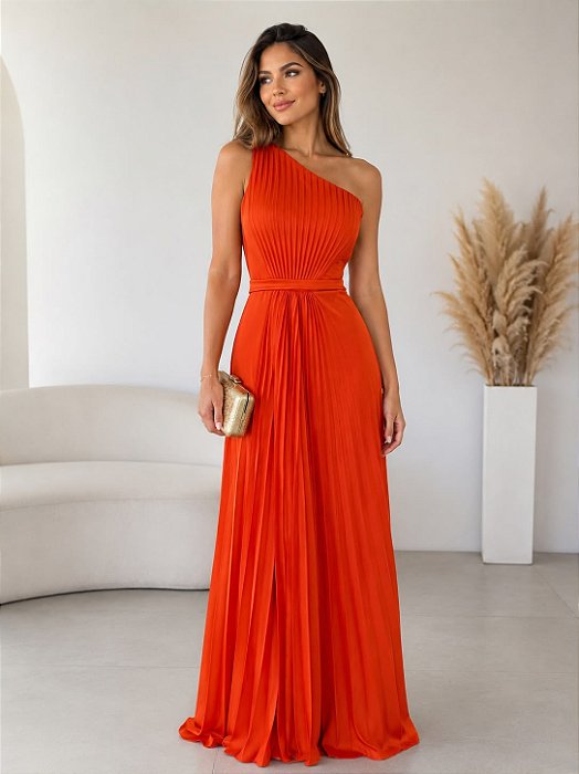 VESTIDO LONGO SEDA UM OMBRO SÓ DETALHE PLISSADO FRENTE PALA CINTURA LARANJA