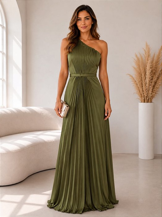 VESTIDO LONGO SEDA UM OMBRO SÓ DETALHE PLISSADO FRENTE PALA CINTURA VERDE OLIVA