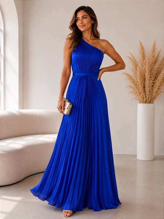 VESTIDO LONGO SEDA UM OMBRO SÓ DETALHE PLISSADO FRENTE PALA CINTURA AZUL ROYAL