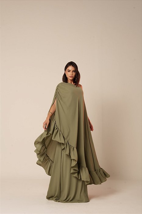 VESTIDO LONGO CHIFFON OMBRO SÓ SOBREPOSTO C/ CAPA C/ BABADOS BARRA VERDE OLIVA