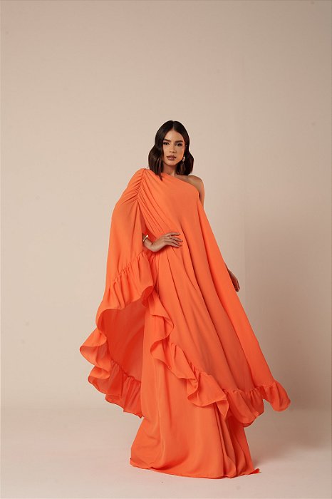VESTIDO LONGO CHIFFON OMBRO SÓ SOBREPOSTO C/ CAPA C/ BABADOS BARRA LARANJA