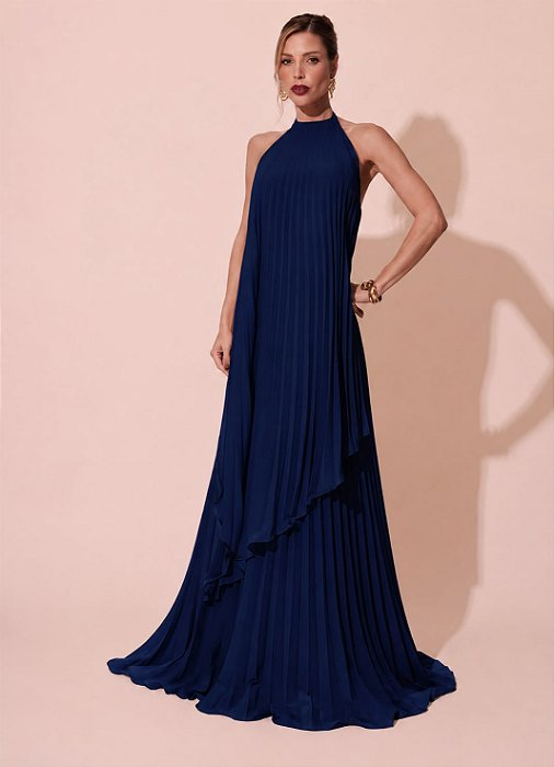 VESTIDO LONGO CHIFFON FRENTE ÚNICA PLISSADO SOBREPOSTO AZUL MARINHO