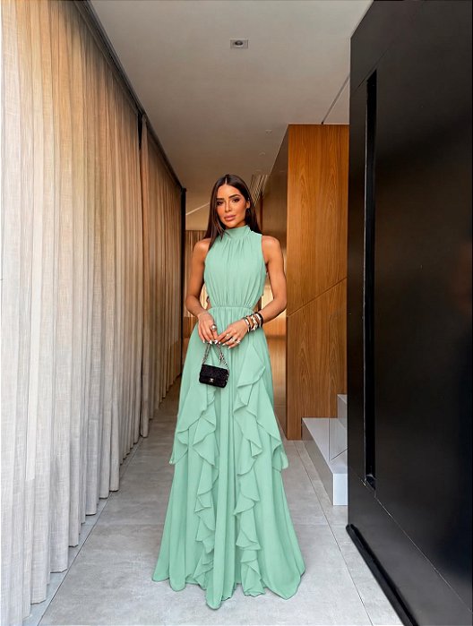 VESTIDO LONGO CHIFON GOLA ALTA CAMADAS VERTICAIS COSTA NUA VERDE MENTA