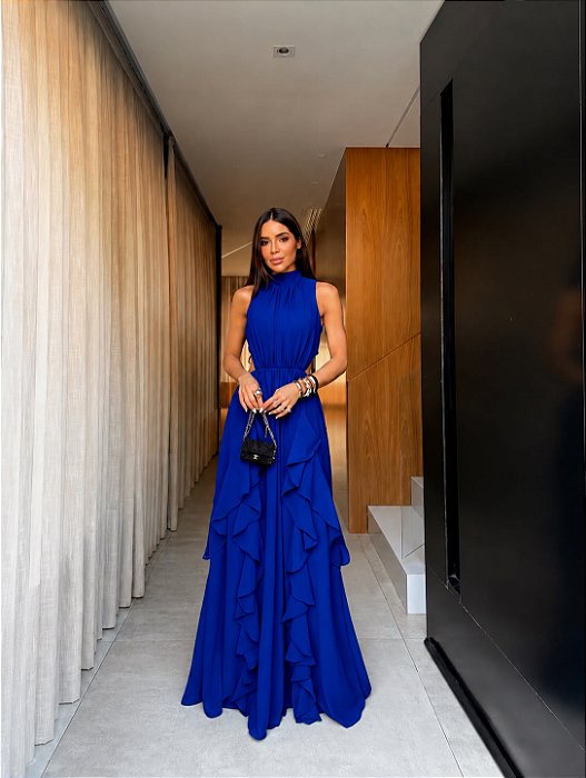 VESTIDO LONGO CHIFON GOLA ALTA CAMADAS VERTICAIS COSTA NUA AZUL ROYAL