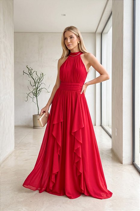 VESTIDO LONGO CHIFFON GOLA ALTA DETLHA CINTURA SAIA C/ BABADOS VERTICAIS VERMELHO