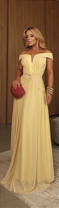 VESTIDO LONGO MICROTULE OMBRO A OMBRO ALÇAS LARGAS BUSTO E CINTURA C/ DETALHE DRAPEADO AMARELO