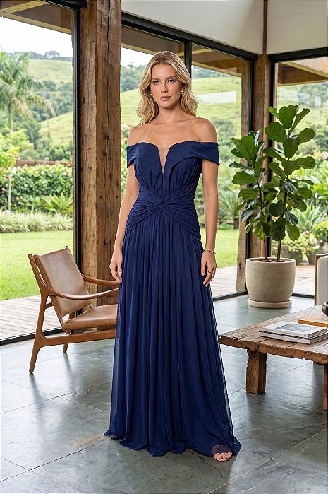 VESTIDO LONGO MICROTULE OMBRO A OMBRO ALÇAS LARGAS BUSTO E CINTURA C/ DETALHE DRAPEADO AZUL MARINHO
