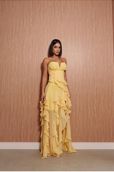 VESTIDO LONGO CHIFFON TOMARA QUE CAIA C/ DECOTE CORAÇÃO DETALHE DRAPEADO BUSTO SAIA C/ BABADOS CASCATA AMARELO