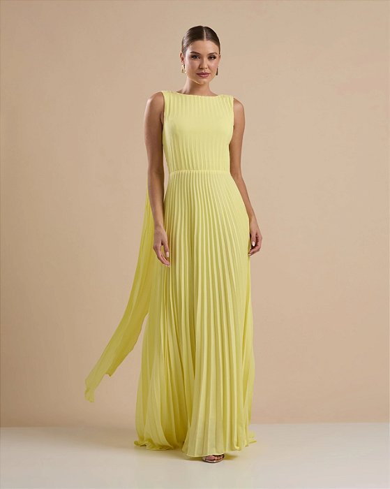 VESTIDO LONGO CHIFFON DECOTE ARREDONDADO MANGA C/ DETALHE CAPA PLISSADO AMARELO