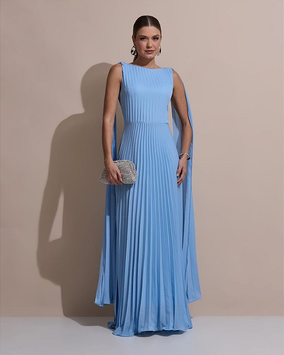 VESTIDO LONGO CHIFFON DECOTE ARREDONDADO MANGA C/ DETALHE CAPA PLISSADO AZUL SERENITY