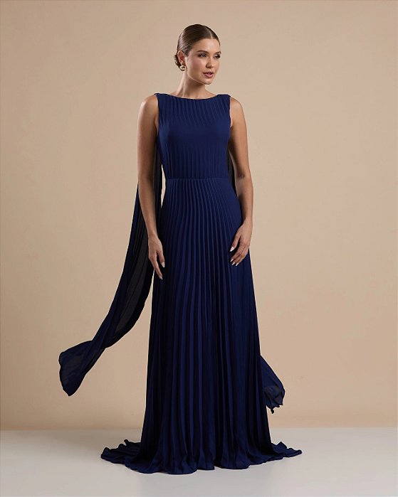 VESTIDO LONGO CHIFFON DECOTE ARREDONDADO MANGA C/ DETALHE CAPA PLISSADO AZUL MARINHO