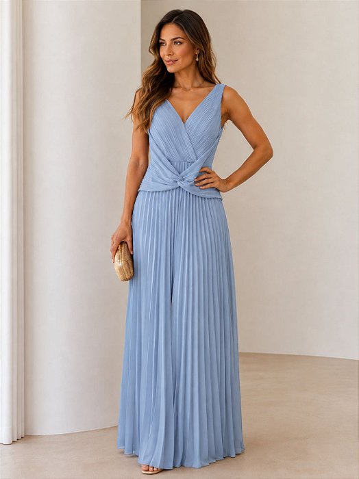 VESTIDO LONGO CHIFFON ALÇA LARGA  BUSTO DRAPEADO C/ DETALHE CINTURA SAIA PLISSADA AZUL SERENITY